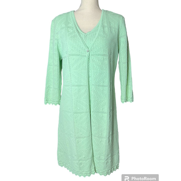 Yarns & Stitches Duster Sweater Set Size M in Green One Pearl Button Close - Picture 1 of 8